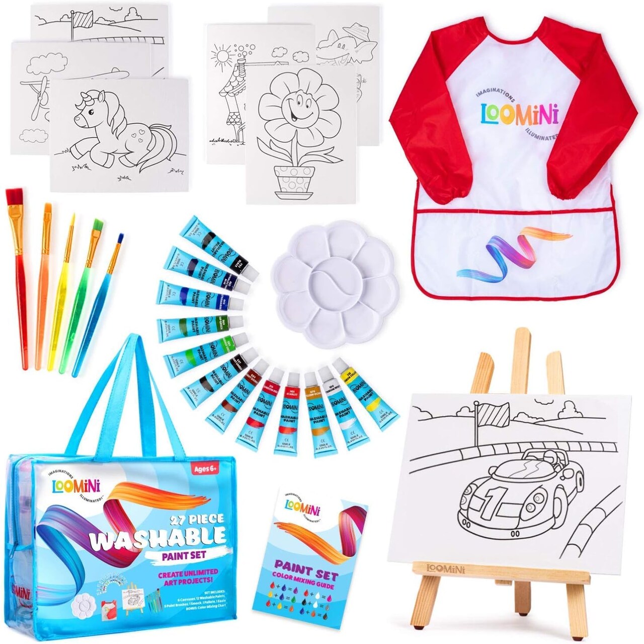 Washable Paint Set for kids Includes Canvas Panels Paint Brushes Kids Apron Tabletop Art Easel & Storage Travel Bag
